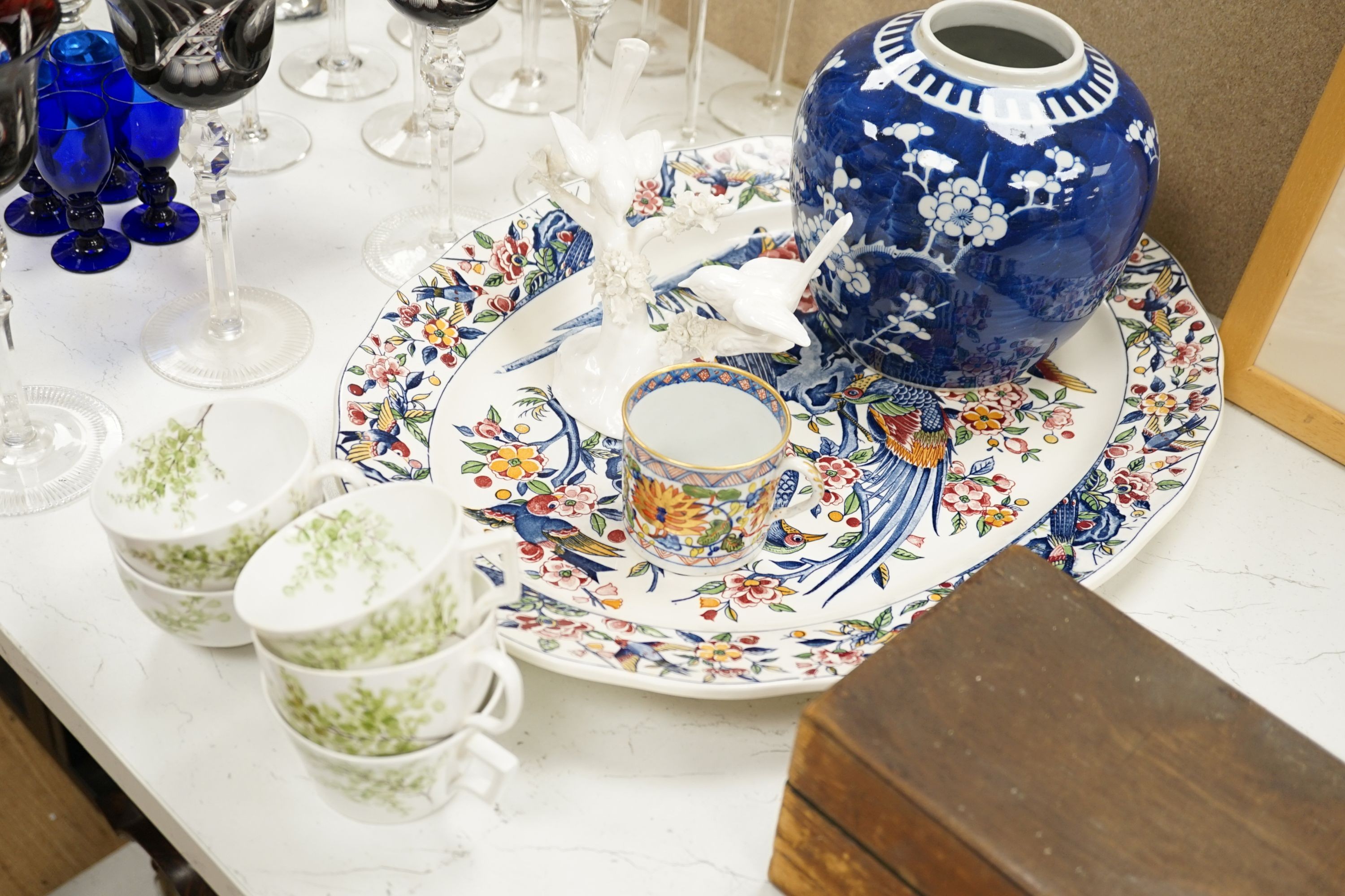 Three ruby overlaid wine glasses, a set of champagne glasses, a meat platter etc